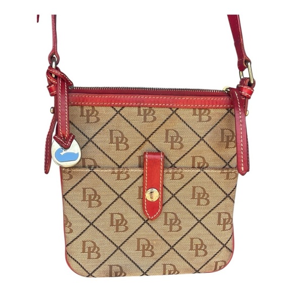 Dooney & Bourke Handbags - Dooney & Bourke Monogram Red and Tan Crossbody Bag Y2K Letter Carrier Bag